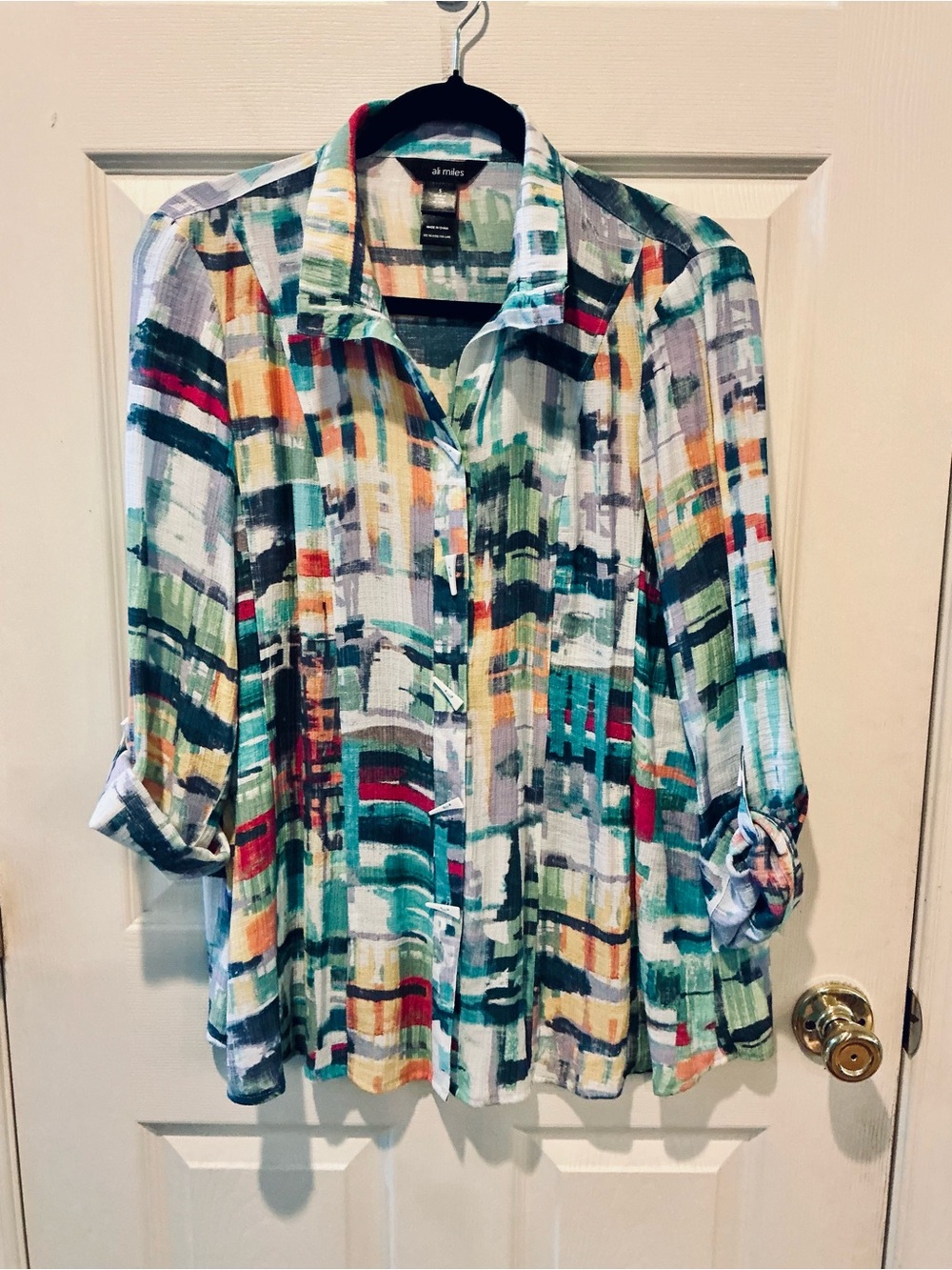 Ali Miles Boho Watercolor Chaos Breezy Button Down Blouse Crinkled Gauze Size SM
